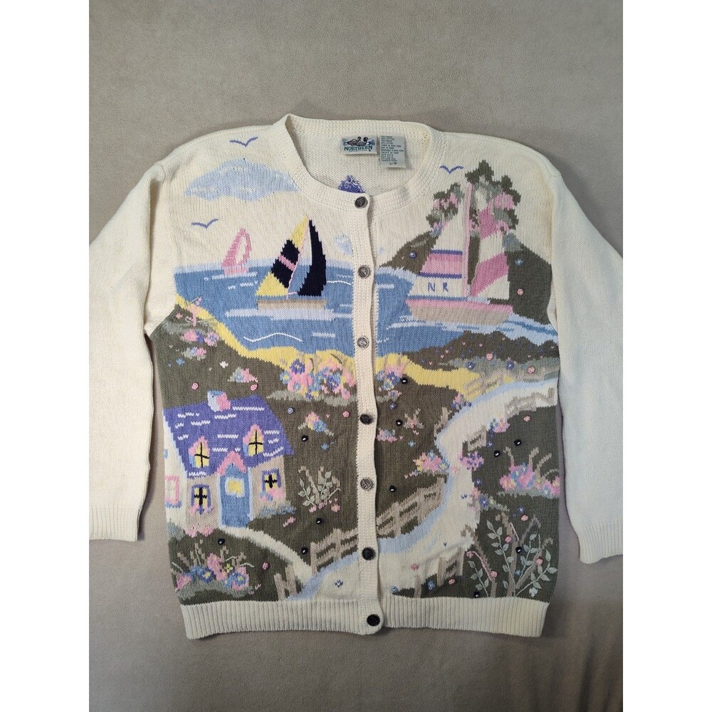 Sz Large Vintage Grandma Nautical Sweater Cottagecore Cardigan 90s Button Up